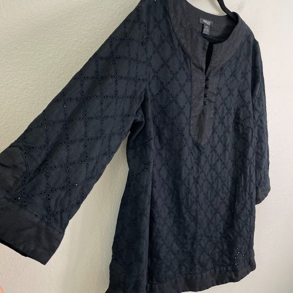 Style & Co Womens Plus 18W Black Eyelet 100% Linen Tunic Top Long Sleeve Shirt - Picture 4 of 8